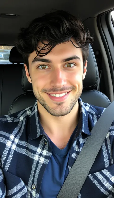 A handsome man front view selfie. He has a beautiful face and eyes and sharp jawline, and black messy wet hair. He wears a plaid dark blue-slight white shirt layered with a dark blue T-shirt. He seats on a driver seat in a luxury car. The Interior of the c...