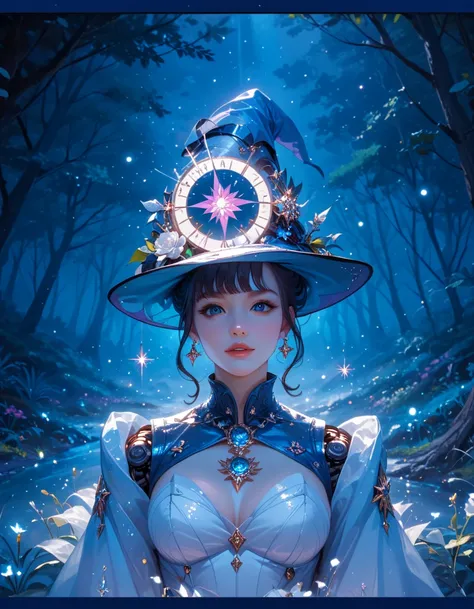 Futuristic robot witch in the enchanted forest、witch hat、cybernetic enhancement、Mechanical edge structure、upper body portrait，Create a mysterious and charming atmosphere，Glittering symbols and runes、shimmering particles、sparkling mist、strong color palette，...