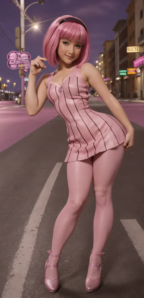 (((Girl ))) ,(sexy girl), purple ruffle mini dress, sheer and lace pink pantyhose, Stephanie from lazy town, high quality ,pinkies Hair,((perfect body)), slender_waist,(Curvaceous, deep cleavage), very wide hips, huge breasts, high quality, (from_below dow...