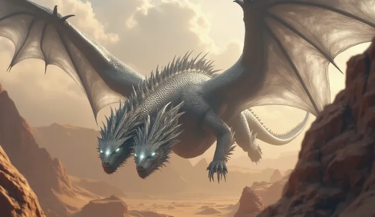 The three-headed great silver dragon. two huge wings. The eyes are burning with white light. He's in the desert.