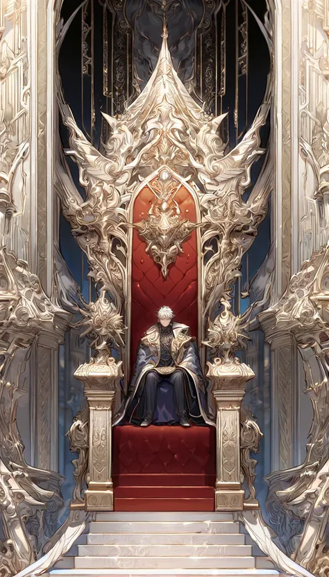 Creates a small, fragile man with white hair sitting on the lap of a larger man with black hair wearing a demon mask sitting on a formidable throne. Beautiful, detailed, sharp image.