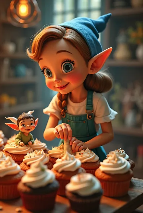 create an image for this "Liri, a cheerful elf baker, places cupcakes on a display.", "A tiny winged goblin hands Liri a royal scroll.", "Liri experiments with magical ingredients. One cupcake grows legs and runs away, another bursts into fireworks." And "...