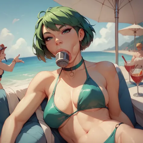 Short green hair, Adult, looking at the viewer, sensual, bikini, big boobs, blowjob mouth, black cylindrical microphone in mouth, holds the microphone with both hands