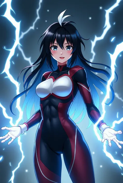 Boku No Hero full-body character with the power to control thunder and lightning, strong and beautiful,  black hair with a white tuft , almond-shaped, deep gray eyes with fleshy, red lips