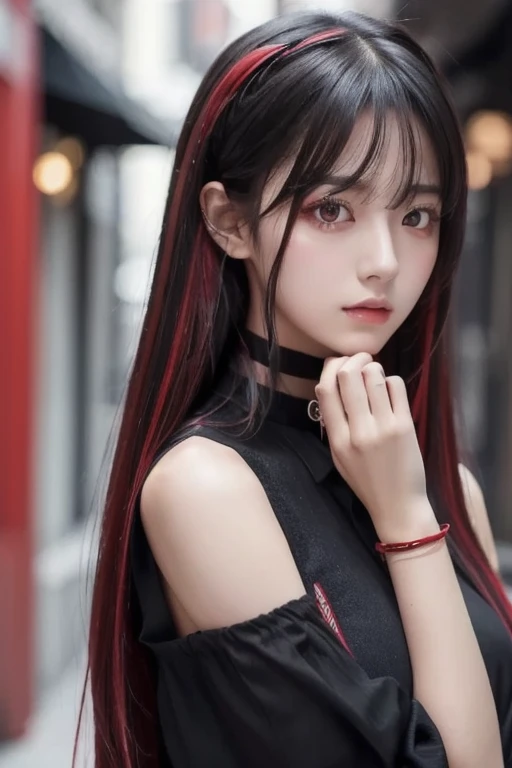  top quality ,  detailed information,  Color Difference,  1 girl,  long hair,  black hair,  messy hair, red highlights,  Hair,  red eyes, Sharp Eye,  choker ,, ,  their four ,  turn my arms around my back , Tie your arms,  