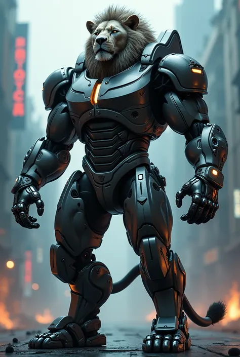 A lion in Robocop's armor