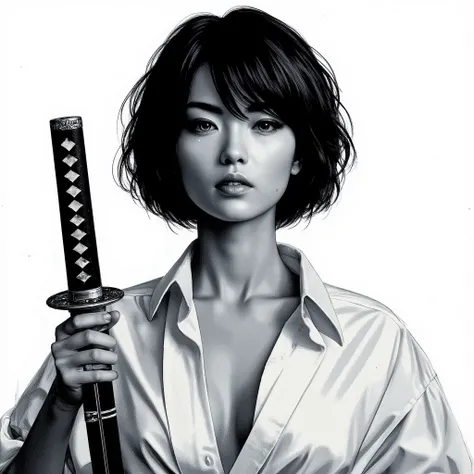 Realistic black and white photo of a japanese girl with short black bob hair. She is wearing unbuttoned white shirt that shows her firm cleavage. She is carrying a katana in her hand. Studio photography, white backlight