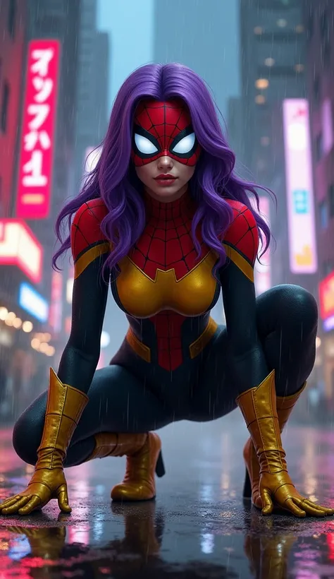 A hyperrealistic digital painting of a female superhero inspired by Spider-Woman. She wears a red and yellow form-fitting suit with black details, golden gloves, and boots. Her mask covers her eyes with large white lenses, and she has long, flowing purple ...