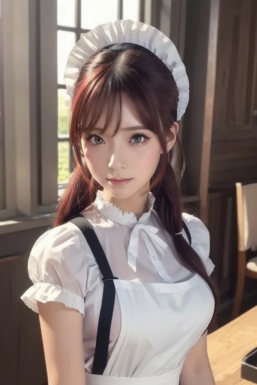 masterpiece,( top quality ,  illustration, detailed face :1.3),( 1 girl,Alone:1.3), beautiful detailed eyes,   apron,  gradation_background,  gradation, Maid,  purple eyes,red hair, small breasts,, break, enMaided, white_ apron, black_ dress,  ponytail, bl...