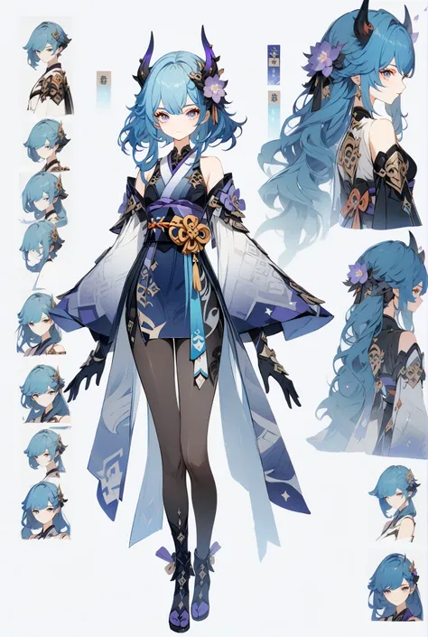 ((masterpiece)), (( best quality )), (( high resolution )), full denim boots, soles, white soles, fantasy, Genshin Clothing, Genshin Outfits, fantasy theme, Genshin costume, fantasy theme, , character information panel, standing, long blue hair, mint eyes ...
