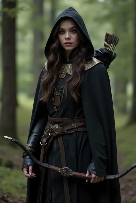  Half-elf woman standing full body, with VERY DARK eyes , AS DARK AS POSSIBLE , pele caucasiana,   black eyes,   dark brown hair  , wearing a black cape with gold details and a built-in hood holding a bow in your hands and a quiver on your back with some a...