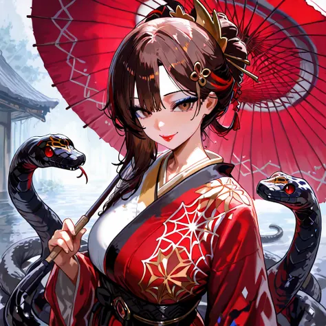 (( top quality)), (( Masterpiece)), ( Details), red and black and gold tricolor hair,The hair is tied, hair ornament,reddish brown eyes , long, slender eyes, blue eyeliner, red lips,Smile heartily, red Japanese kimono with black spider web pattern,black be...