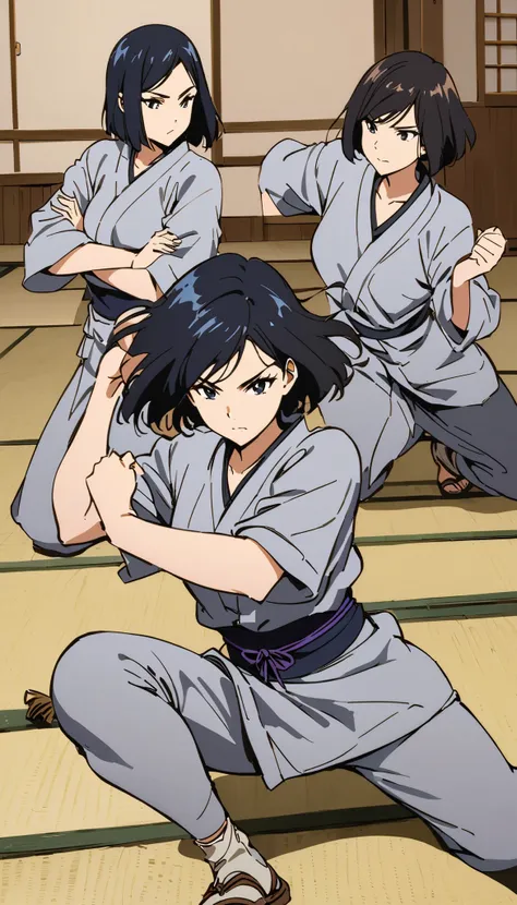 vintage movie, girl, short hair, navy hair, straight hair, woman body, gray kimono, tatami, training, hyuga clan, shinobi village, konohagakure, ((closed mouth)), 
fighting stance, kaiten fighting, kaiten hyuuga, hyuuga clan, byakugan,
