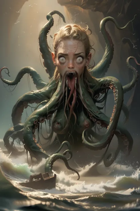 a stunningly beautiful female lifeguard desperately crawls out of the ocean as her legs mutate and become horrific Lovecraftian tentacles. as she gets closer to shore, she realizes she has grown to gigantic size while devolving as all the tiny beautiful hu...