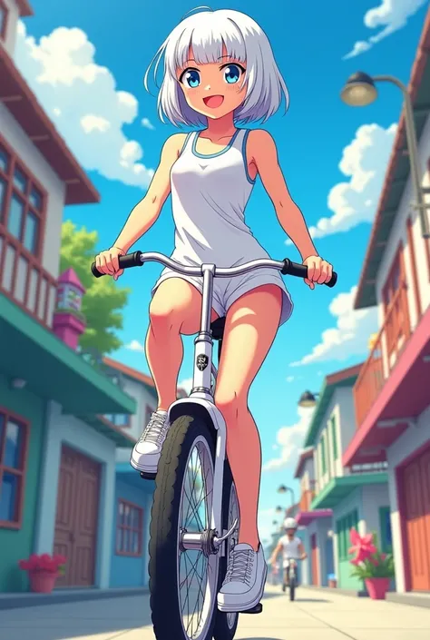 A 6K resolution 90s anime style illustration of a blue eyed cheerleader (Blue eyed cheerleader: 2.7) with a neat white Bob cut (Neat white Bob cut: 2.7) wearing a white tanktop onesie, (Wearing a white tanktop onesie: 2.7) riding a white unicycle (Riding a...