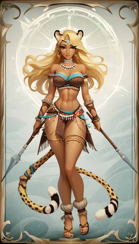 score_9, score_8_up, score_7_up, score_6_up, score_5_up, score_4_up, 
female, (cheetah:1.2), animal ears, holding spear in hands, long hair, dark_skin, dark_skinned_female, blonde hair, brown eyes, eyelashes, frills, tribal outfit,
Full body standing paint...