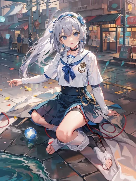 （ CG Unity 8K wallpaper with the best picture quality and super detail、 Masterpiece）Japanese student uniform 、floating、 high resolution、 dynamic angle with the ball flying、 dynamic pose with an enema、 young girl、 Silver Hair（1.3）、  blue eye color 、Morbidly...