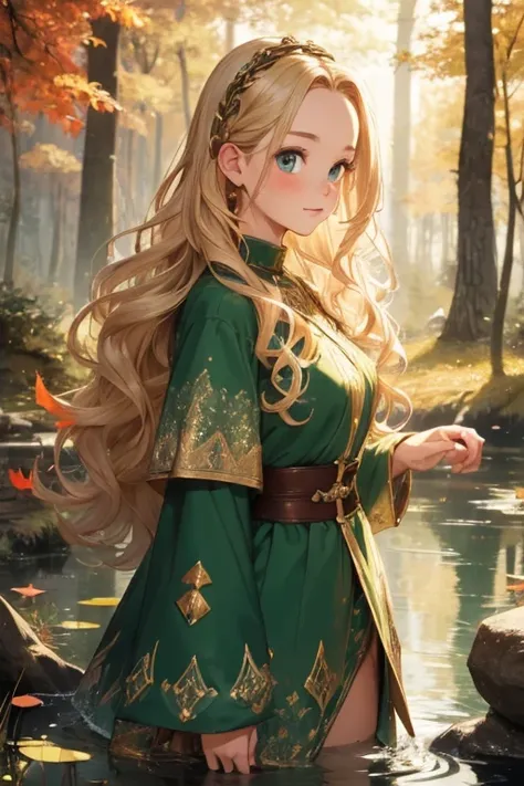 ((  Top Quality )), (( Masterpiece)), (   Details), 1 person，  young  ，， Body Type，   Fairy   ， blondes,   wavy hair，  Shiny Hair，  forehead protector ，   has stars , knight，Green clothes,   chain mail ，At the pond in the fall forest， autumn leaves，