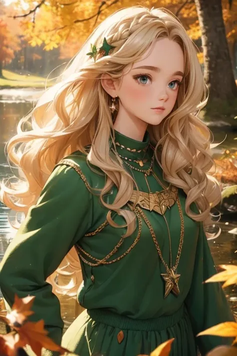 ((  Top Quality )), (( Masterpiece)), (   Details), 1 person，  young  ，， Body Type，   Fairy   ， blondes,   wavy hair，  Shiny Hair，  forehead protector ，   has stars , knight，Green clothes,   chain mail ，At the pond in the fall forest， autumn leaves，