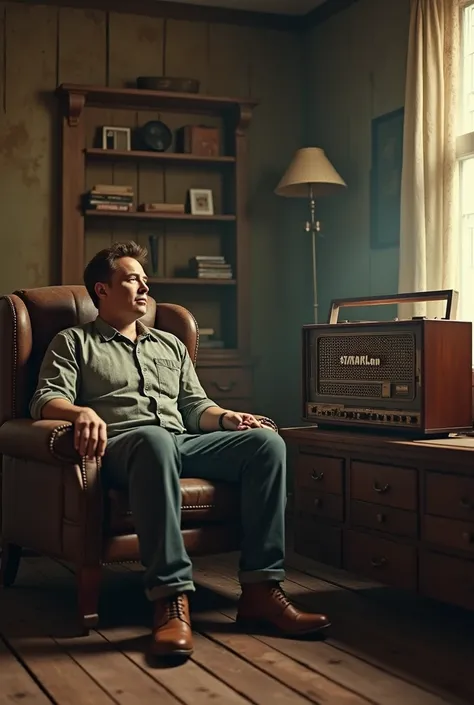  Create a scenario where Elon Musk will be listening to an old vinyl radio in an old house environment! Add the Star Link logo to the radio.