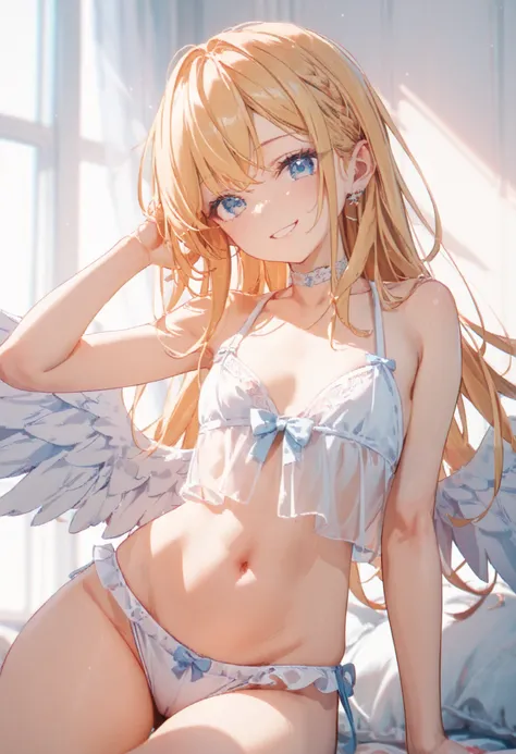   blond、 blue eyes、 girl 、 small breasts、 long hair、 angel wings、 girl 、 small breasts、 bright smile、Good physique 、    flat chest 、 girl、 he's short、    thighs、