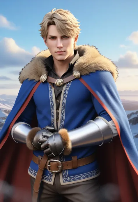 1boy, male focus, solo, ( gawain_fgo, best eyes, cardigan, gauntlets, faulds, fur-trimmed cape, ) dawn, sky, masterpiece, highres, absurdres, realistic, photorealistic