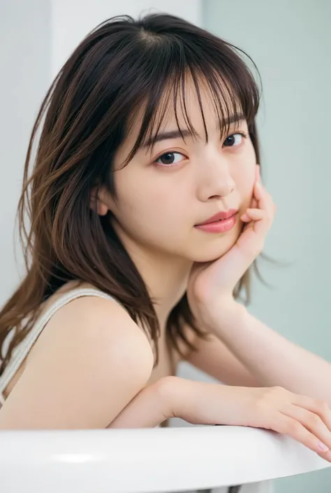 Professional Photoshoot, is present, Wong Ka-wai , photo taken from above of an Asian woman lying in the bathtub, she has long disheveled dark hair , She is taking a bath, she has beautiful makeup , A bathtub full of bubbles , A picture of bubbles fl...