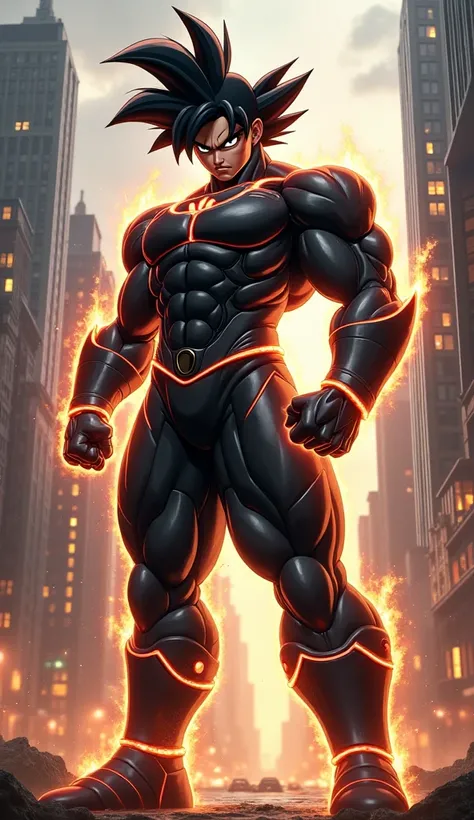 Create an image that Goku fusion with Black Panther Warrior into one body, looks super cool, epic, legendary, powerful, city scene