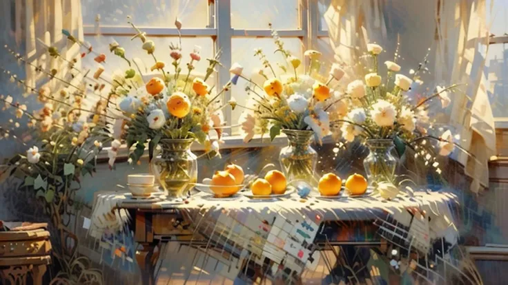  oil painting still life , vintage window illustration on a sunny day, iridescent light , Soft light, lace curtains, flowers, Fruits,  dynamic light 