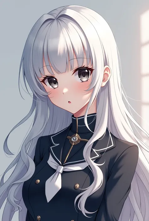 a white girl, Almost like paper.  Her eyes as black as night and her long hair, snow-white and wavy . His delicate but serious features and his body type is an hourglass. His outfit in the uniform of the UA Heroes Academy.