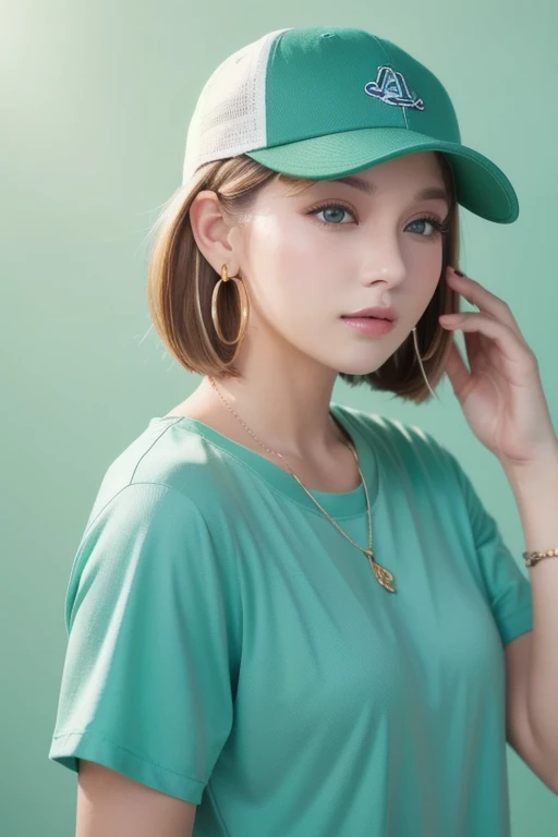  Masterpiece,  best quality ,  1 girl,   aqua eyes,  baseball cap, Blonde,  closed,  earrings, Green background,  has , hoop  earrings,   jewelry,  Watch viewers,  shirt,  short hair,  simple background, Alone,  upper body, yellow  shirt 