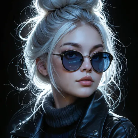 Photo of a girl with long white hair tied in a messy bun. She wars tinted sunglasses and leather jacket over wool turtle neck. she is posing for a mahazine cover. Studio lighting with a backlight lamp