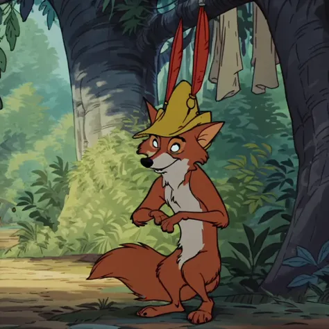 RobinhoodRH, semi-anthro, male, fox, orange fur, yellow hat, naked, nude, standing, in a forest, black eyes, screencap