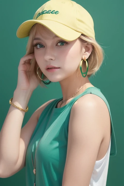  Masterpiece,  best quality ,  1 girl,   aqua eyes,  baseball cap, Blonde,  closed,  earrings, Green background,  has , hoop  earrings,   jewelry,  Watch viewers,  shirt,  short hair,  simple background, Alone,  upper body, yellow  shirt 