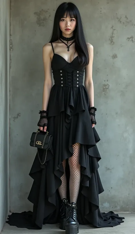 A Japanese woman with a very beautiful beauty like an actress

A gothic-inspired young woman poses in an industrial setting, standing against a raw concrete wall with a bold and mysterious presence. Her outfit consists of a striking asymmetrical black dres...