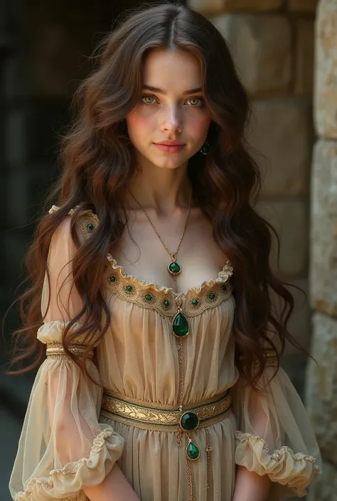 a 16-year-old medieval woman with long and wavy chocolate hair, a small height with a body like a sand clock with great attributes, dressed in a transparent dress with emeralds, a round face with chocolate-colored almond eyes, pink lips and blushed cheeks ...