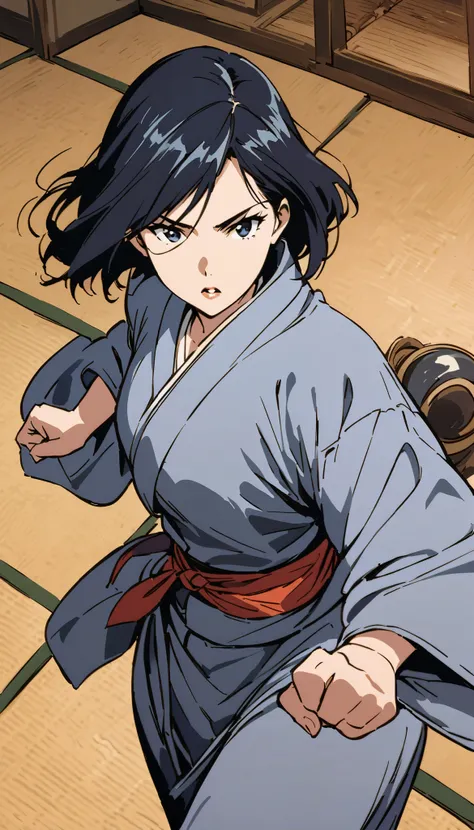 vintage movie, girl, short hair, navy hair, straight hair, woman body, gray kimono, tatami, training, hyuga clan, shinobi village, konohagakure,
fighting stance, {{kaiten pose}}, fighting, kaiten hyuuga, hyuuga clan, ((( byakugan ))), ((izumi solo)), young...