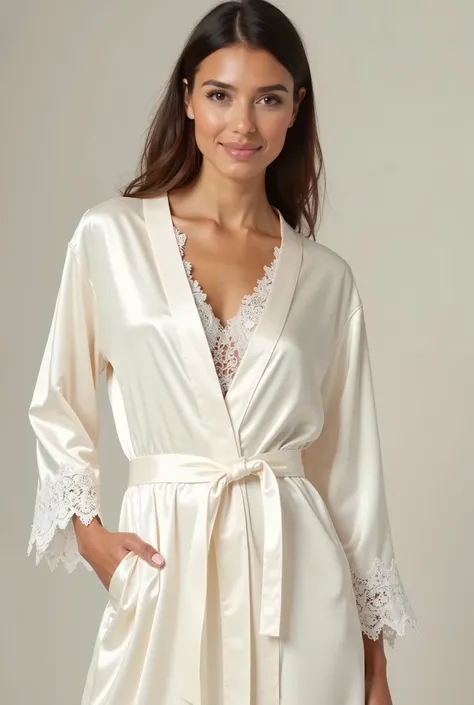  A sophisticated wedding robe in off-white satin fabric ,  with long sleeves and luxurious details of applied lace .  The lace is finished with a delicate sheen ,  providing a modern and elegant touch .  The satin belt adjusts the waist ,  and the sleeves ...