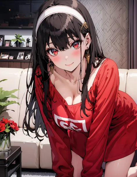  your briar,   black hair,  Red Eyes,  earrings, white  Hair Band ,  Hair Band ,  long hair,  side lock ,smile,blush, legs , squint, ,red oversized shirt,Black string underwear ,Big Breasts, cleavage,They are on all fours on the sofa, decor,Photo Frame,Bar...