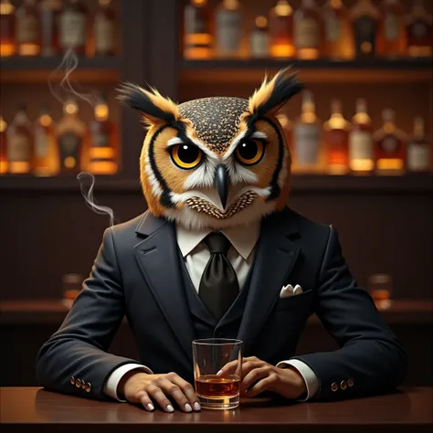 An owl in a suit drinks whiskey at a cocktail bar