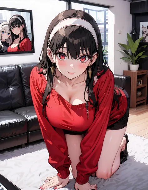  your briar,   black hair,  Red Eyes,  earrings, white  Hair Band ,  Hair Band ,  long hair,  side lock ,smile,blush, legs , squint, ,red oversized shirt,Black string underwear ,Big Breasts, cleavage,They are on all fours on the sofa, decor,Photo Frame,Bar...