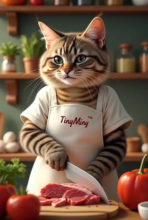 A beautiful cat wearing a white apron embroidered with the name 'TinyMiny™' is standing in the cozy kitchen, cutting meat. The kitchen is brightly lit, with rustic wooden shelves stocked with spices, fresh vegetables and cooking utensils.