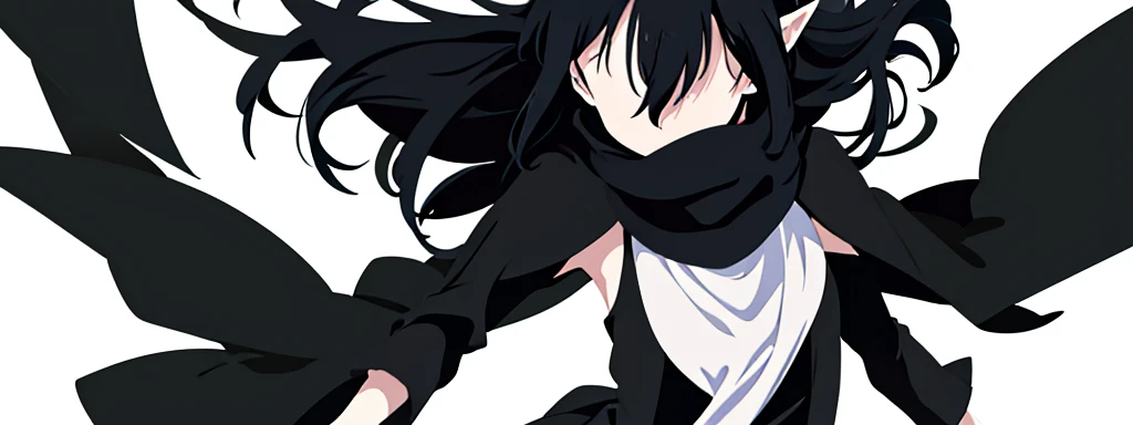 
(1) 1 , alone,  long hair,  black hair,  pointy ears, wearing a black gothic dress, scarf,  white background.