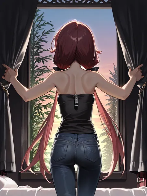 score_9, score_8_up, score_7_up, 1girl, solo, back view, ass, reaching up to adjusts curtains on window, ((long hair in low twin tails)), gray eyes, dark red hair,  (((long swept bangs))), thin, close up, small breasts, slightly toned arms, (((strapless)))...