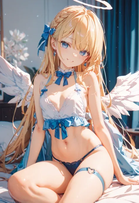   blond、 blue eyes、 girl 、 small breasts、 long hair、 angel wings、 girl 、 small breasts、 bright smile、Good physique 、    flat chest 、 girl、 he's short、    thighs、