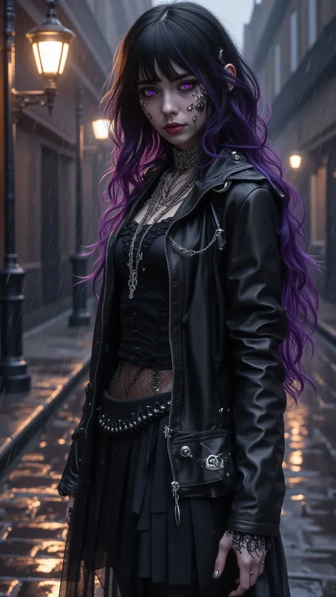  A gothic girl ， with deep purple eyes and layered raven black hair ， wearing a smooth leather jacket ， adorning her face Intricate silver chains and studs 。 She stands in a cobblestone street with raindrops ， leaves a faint impression in the water as the ...