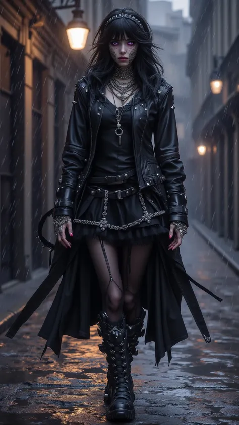  A gothic girl ， with deep purple eyes and layered raven black hair ， wearing a smooth leather jacket ， adorning her face Intricate silver chains and studs 。 She stands in a cobblestone street with raindrops ， leaves a faint impression in the water as the ...