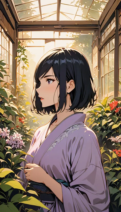 vintage movie, girl, short hair, navy hair, straight hair, woman body, soft lilac kimono, hyuga clan, shinobi village, konohagakure,  ((( byakugan ))), ((izumi solo)), young, in a greenhouse, holding a flower
