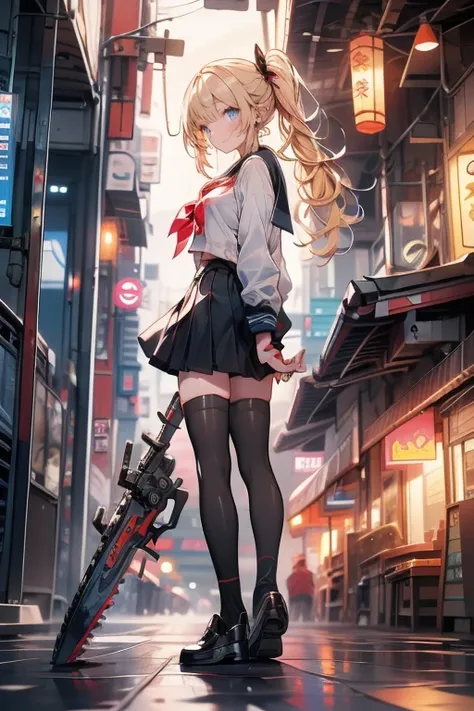  high resolution,超 high resolution,8k, very detailed, top quality, Masterpiece,woman(160cm tall、 gals,(blonde hair,  ponytail (length:1.3)), bright blue eyes  , medium breast、)、 black thigh high socks,  sailor color、 school uniform、 pleated skirt、ribbon(re...