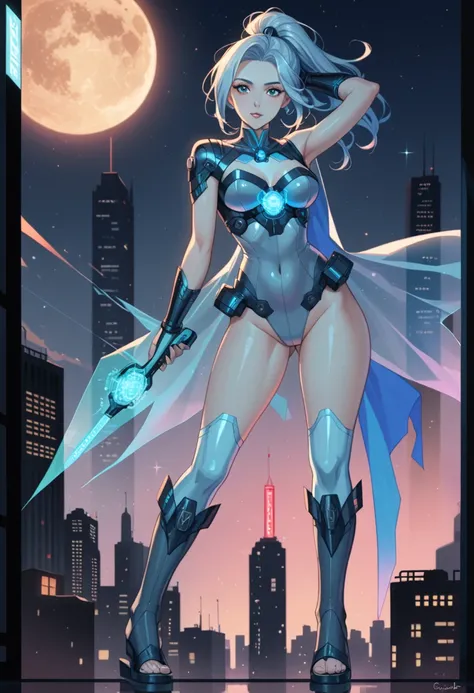 Cinderella stands as a bold and futuristic anime heroine in a shimmering cyberpunk warrior fusion suit. The suit is a stunning blend of metallic silver and sky blue, with glowing glass-like armor pieces on her shoulders, arms, and boots, evoking the feel o...